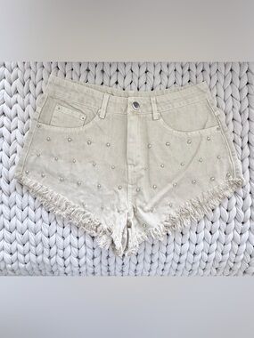 Studded Frayed Hem Denim Shorts - Cream